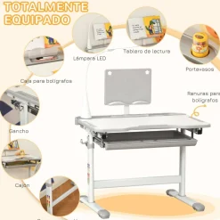 Homcom - Conjunto Pupitre reclinable + Silla Gris con lámpara