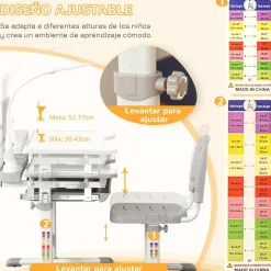 Homcom - Conjunto Pupitre reclinable + Silla Gris con lámpara