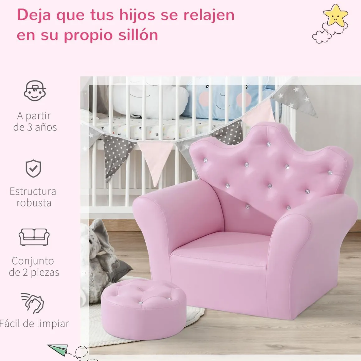 Homcom - Conjunto sillón + puff Rosa