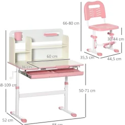 Homcom - Escritorio con estante y silla con altura ajustable Blanco y Rosa