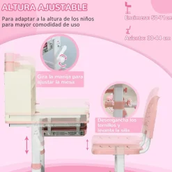 Homcom - Escritorio con estante y silla con altura ajustable Blanco y Rosa