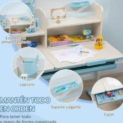 Homcom - Escritorio con estante y silla ajustable Blanco y Azul