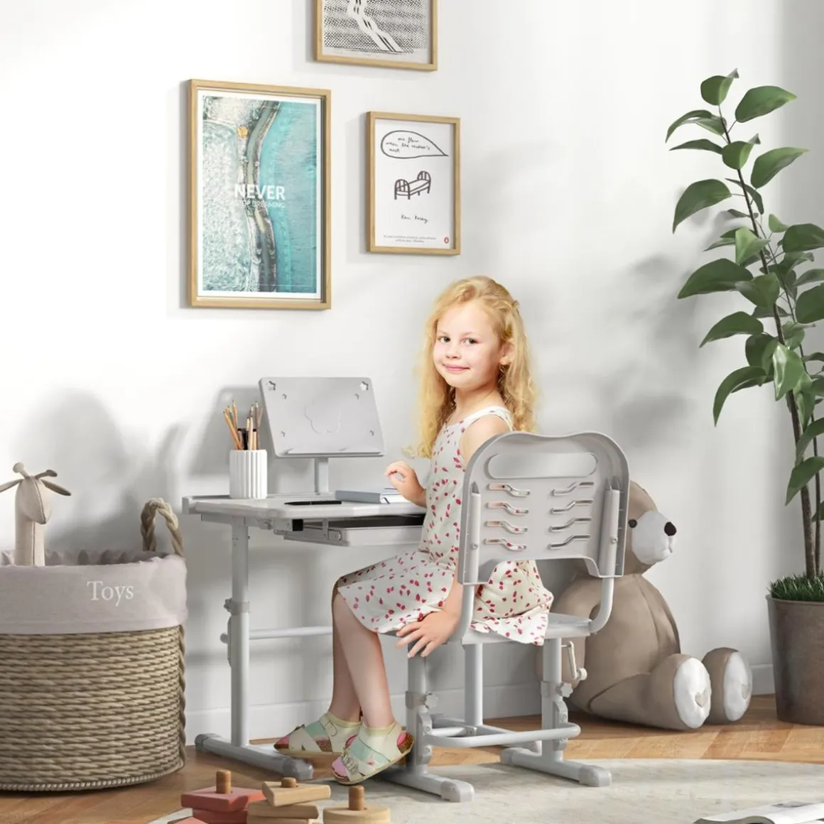 Homcom - Escritorio y silla ajustable Gris y Blanco