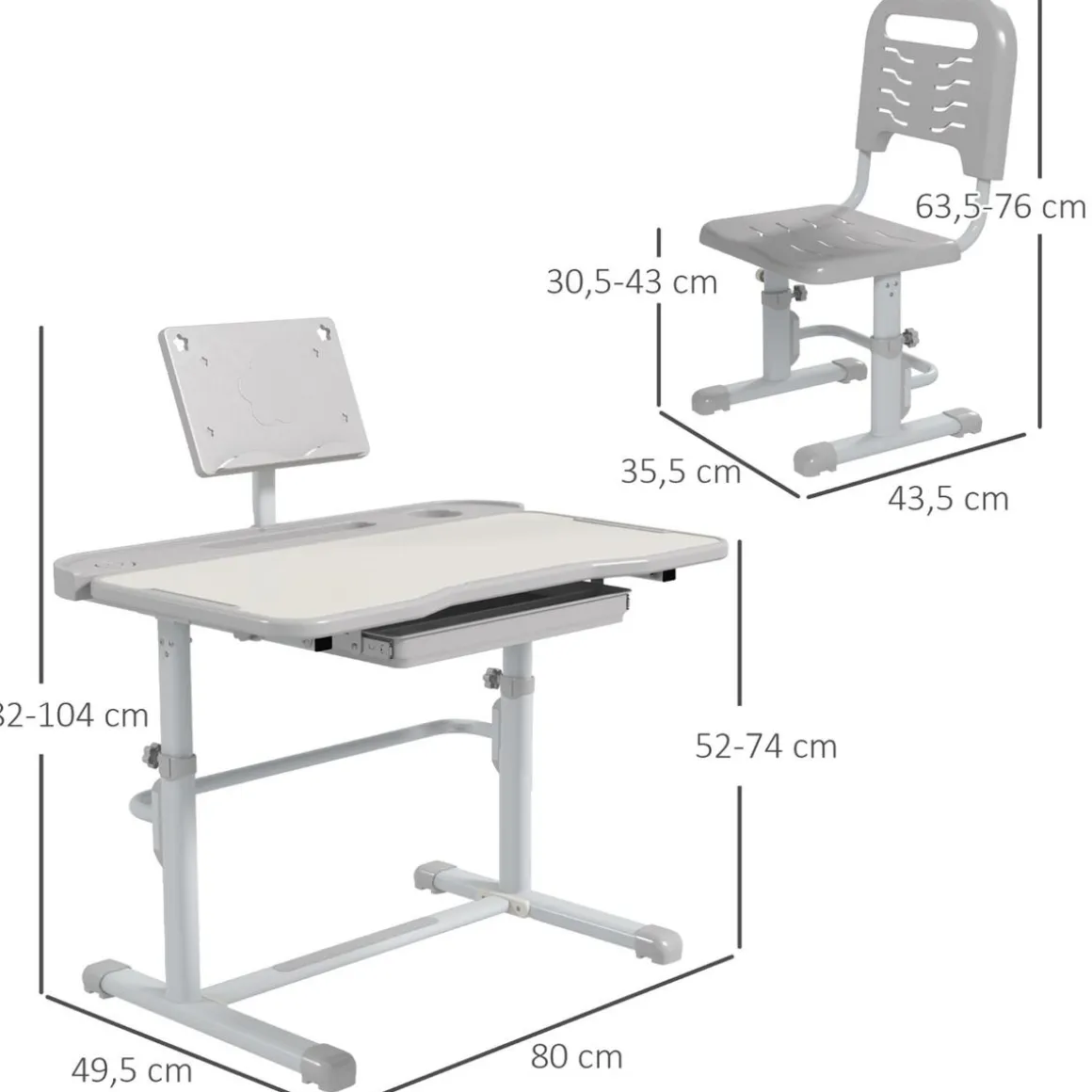 Homcom - Escritorio y silla ajustable Gris y Blanco