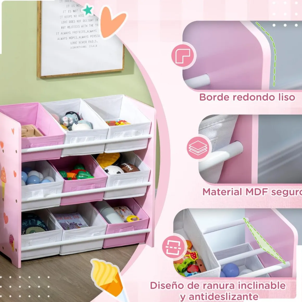 Homcom - Estantería infantil con 9 cajas Rosa