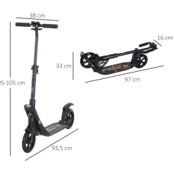 Homcom - Patinete Scooter Ajustable 2 ruedas Grande Negro