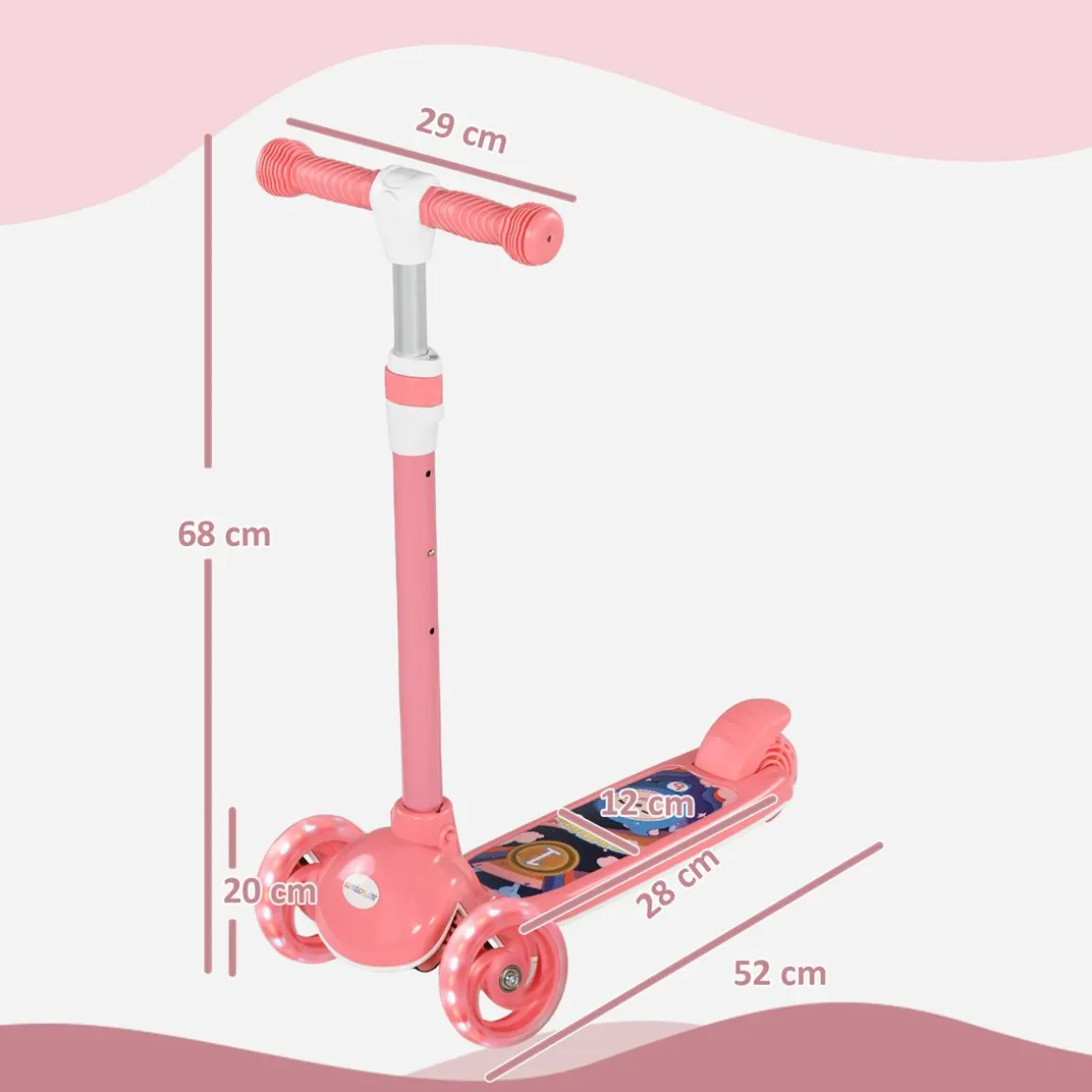 Homcom - Patinete Tri-scooter Rosa con luces