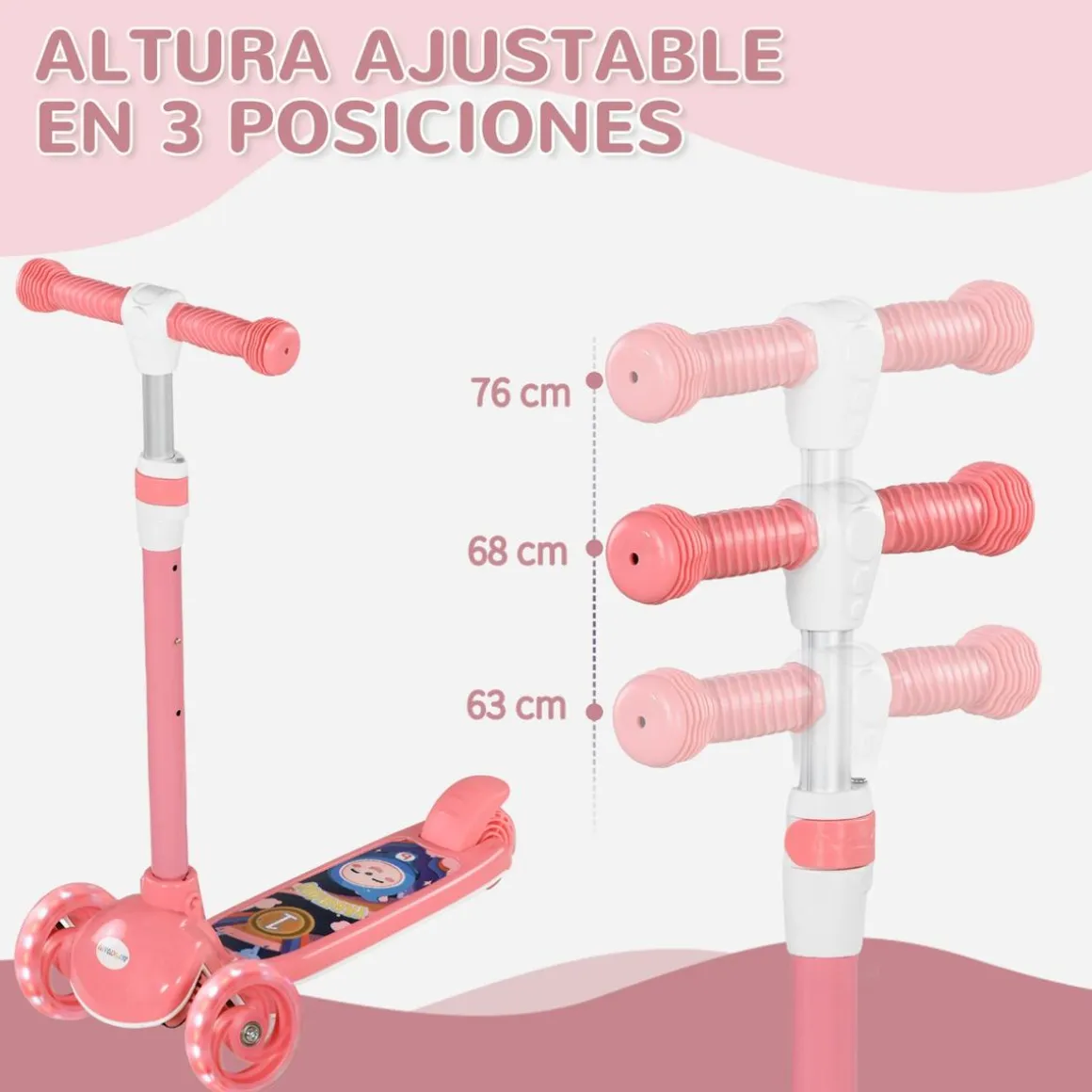 Homcom - Patinete Tri-scooter Rosa con luces