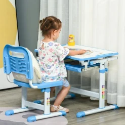 Homcom - Pupitre infantil con silla Azul y Blanco