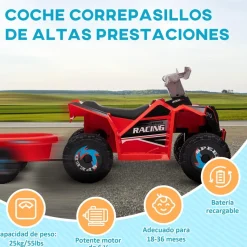 Homcom - Quad Eléctrico Rojo con Remolque