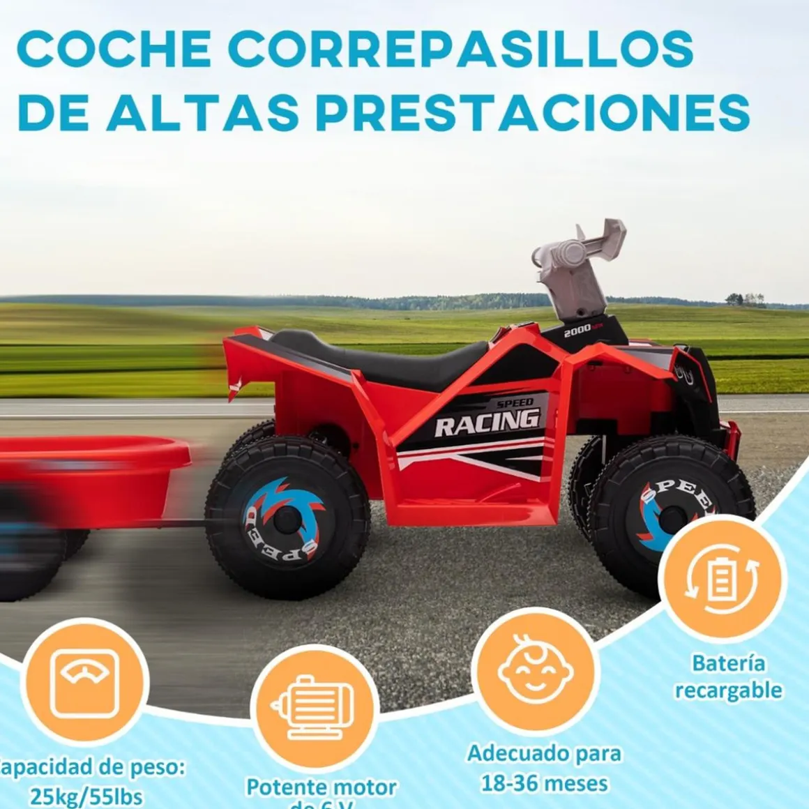 Homcom - Quad Eléctrico Rojo con Remolque
