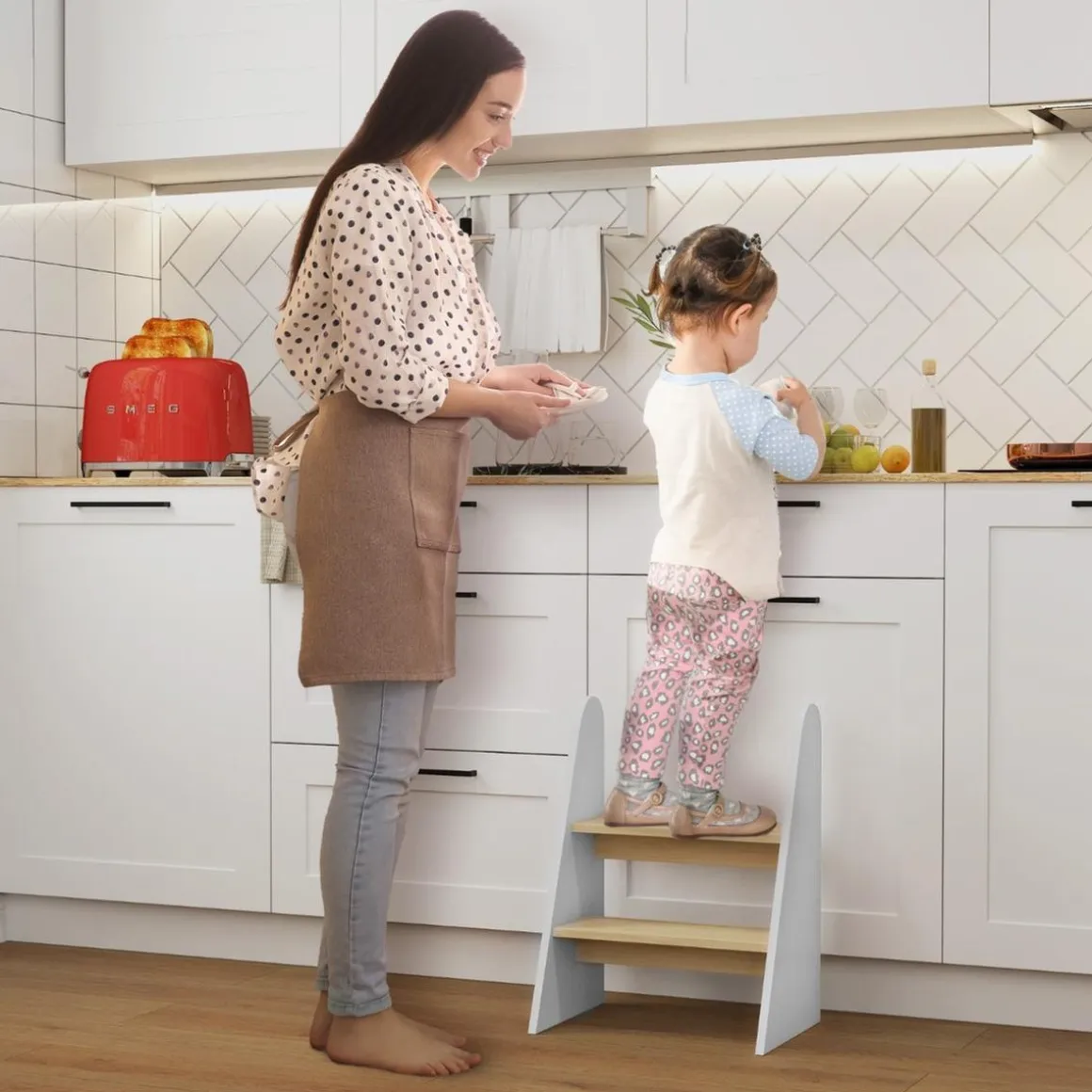 Homcom - Taburete 2 peldaños Blanco