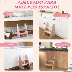 Homcom - Taburete Escalera infantil madera Rosa