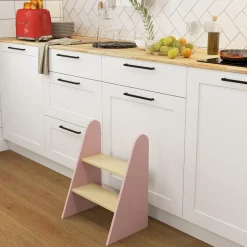 Homcom - Taburete Escalera infantil madera Rosa