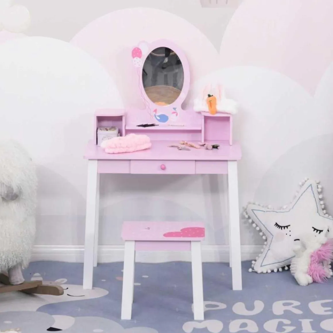 Homcom - Tocador Infantil con Taburete y Espejo HomCom