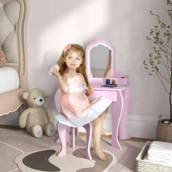 Homcom - Tocador infantil con espejo y taburete madera Rosa