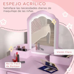 Homcom - Tocador infantil con espejo y taburete madera Rosa