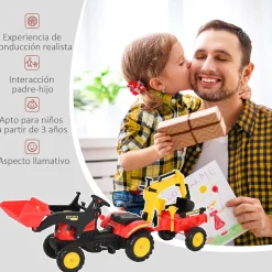 Homcom - Tractor excavadora a pedales con remolque rojo