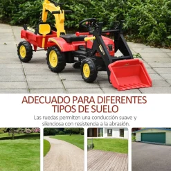 Homcom - Tractor excavadora a pedales con remolque rojo