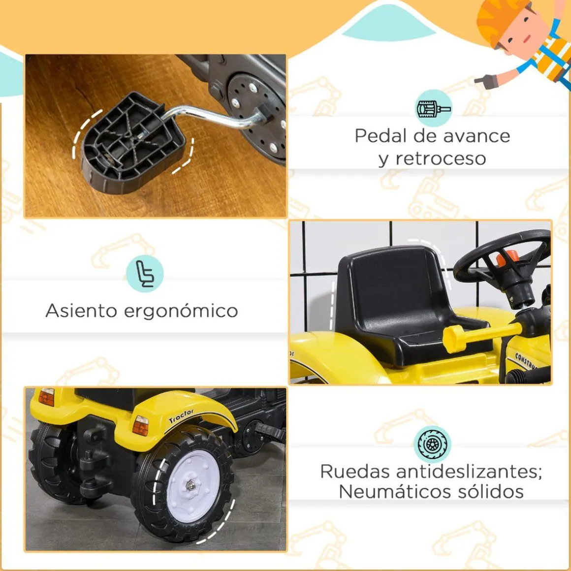 Homcom - Tractor excavadora a pedales amarillo