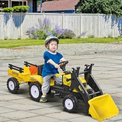 Homcom - Tractor excavadora a pedales con remolque amarillo