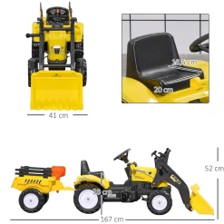 Homcom - Tractor excavadora a pedales con remolque amarillo