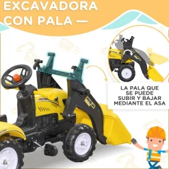 Homcom - Tractor excavadora a pedales con remolque amarillo
