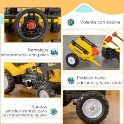 Homcom - Tractor excavadora a pedales con remolque amarillo
