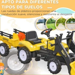 Homcom - Tractor excavadora a pedales con remolque amarillo