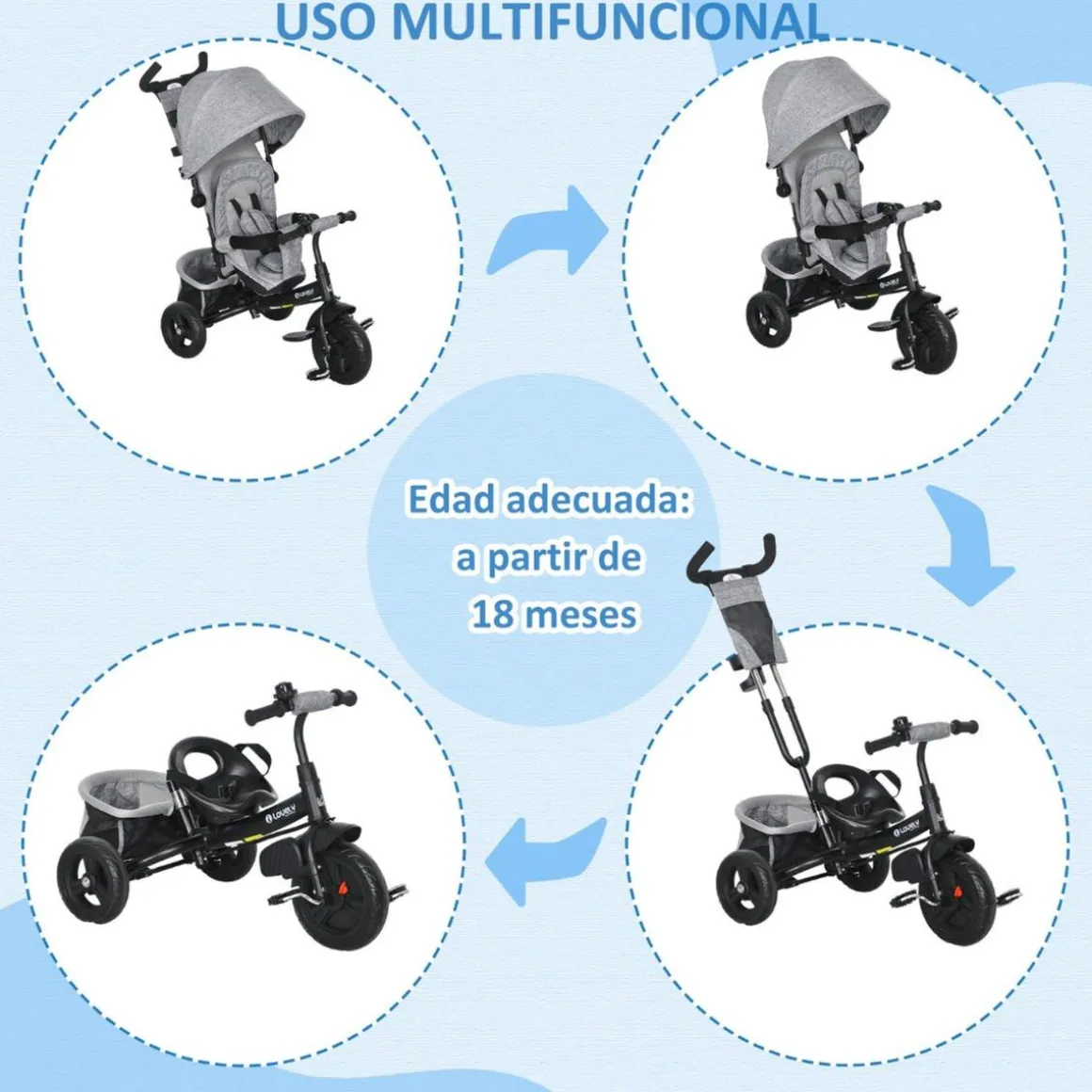 Homcom - Triciclo evolutivo Gris