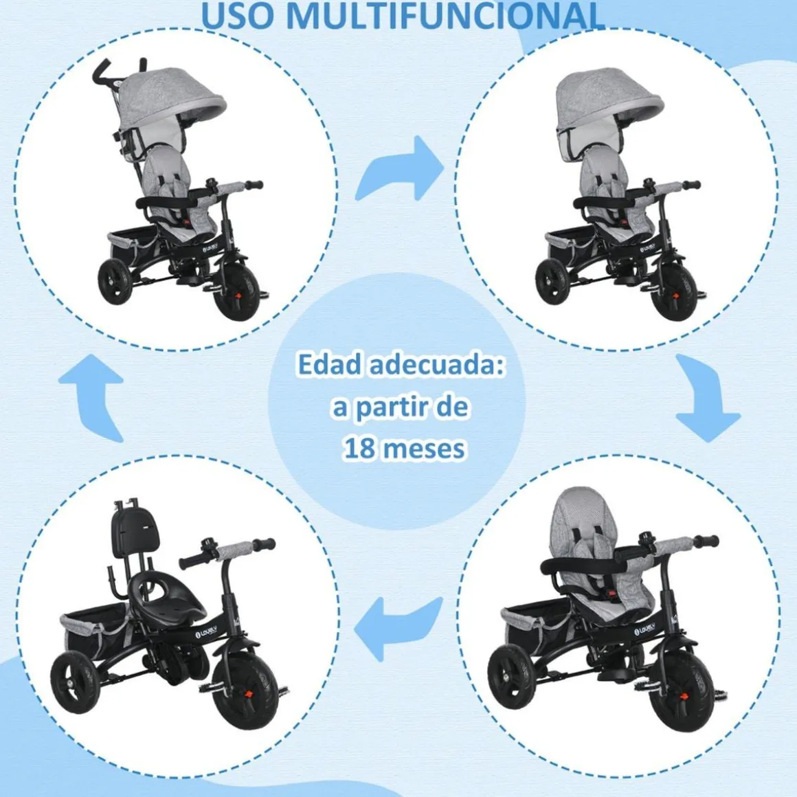 Homcom - Triciclo para bebé con capota Gris
