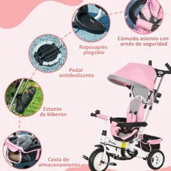 Homcom - Triciclo para bebé con capota Rosa