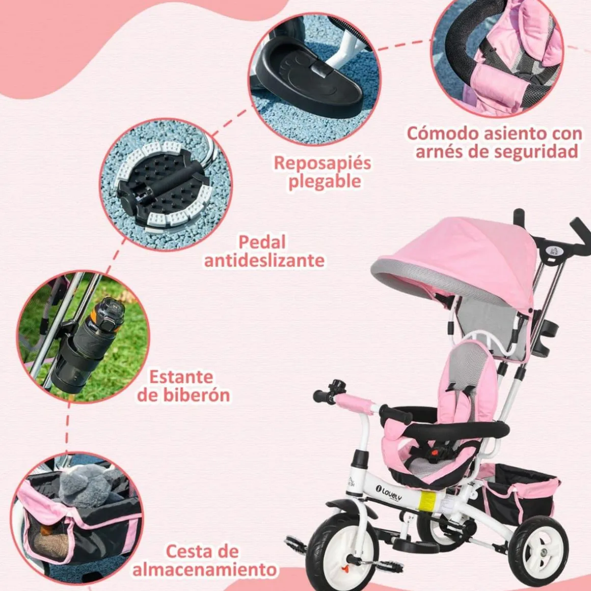 Homcom - Triciclo para bebé con capota Rosa