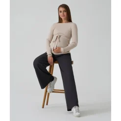 Jersey premamá beige de punto canalé con cordón ajustable