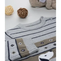 Jersey tricot bebé gris y marrón con perritos bordados