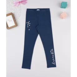 Legging felpado azul con bordado floral para niña