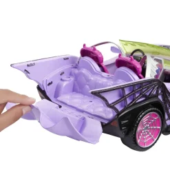 Mattel - Monster High - Coche convertible morado con accesorios para mascotas y detalles de telaraña ㅤ