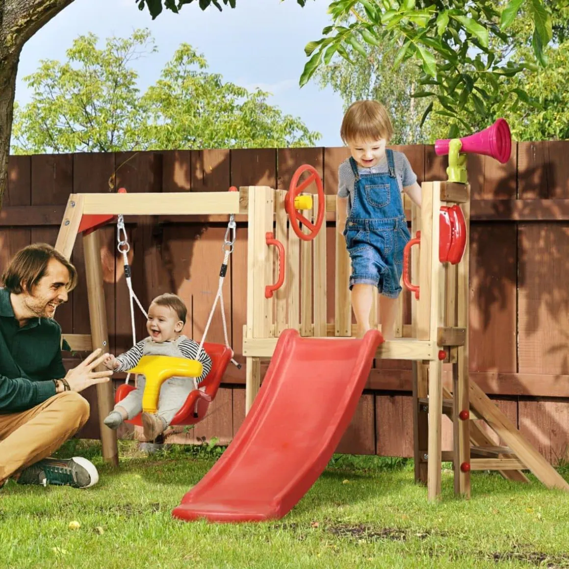 Outsunny - Parque de juego con tobogán y columpio