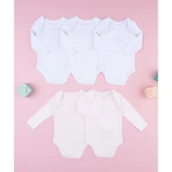 Pack 5 bodies de manga larga para bebé niña en blanco y rosa