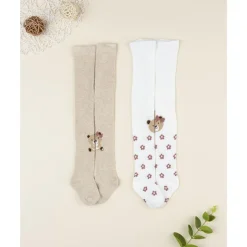 Pack 2 leotardos de niña blanco y beige con ositos