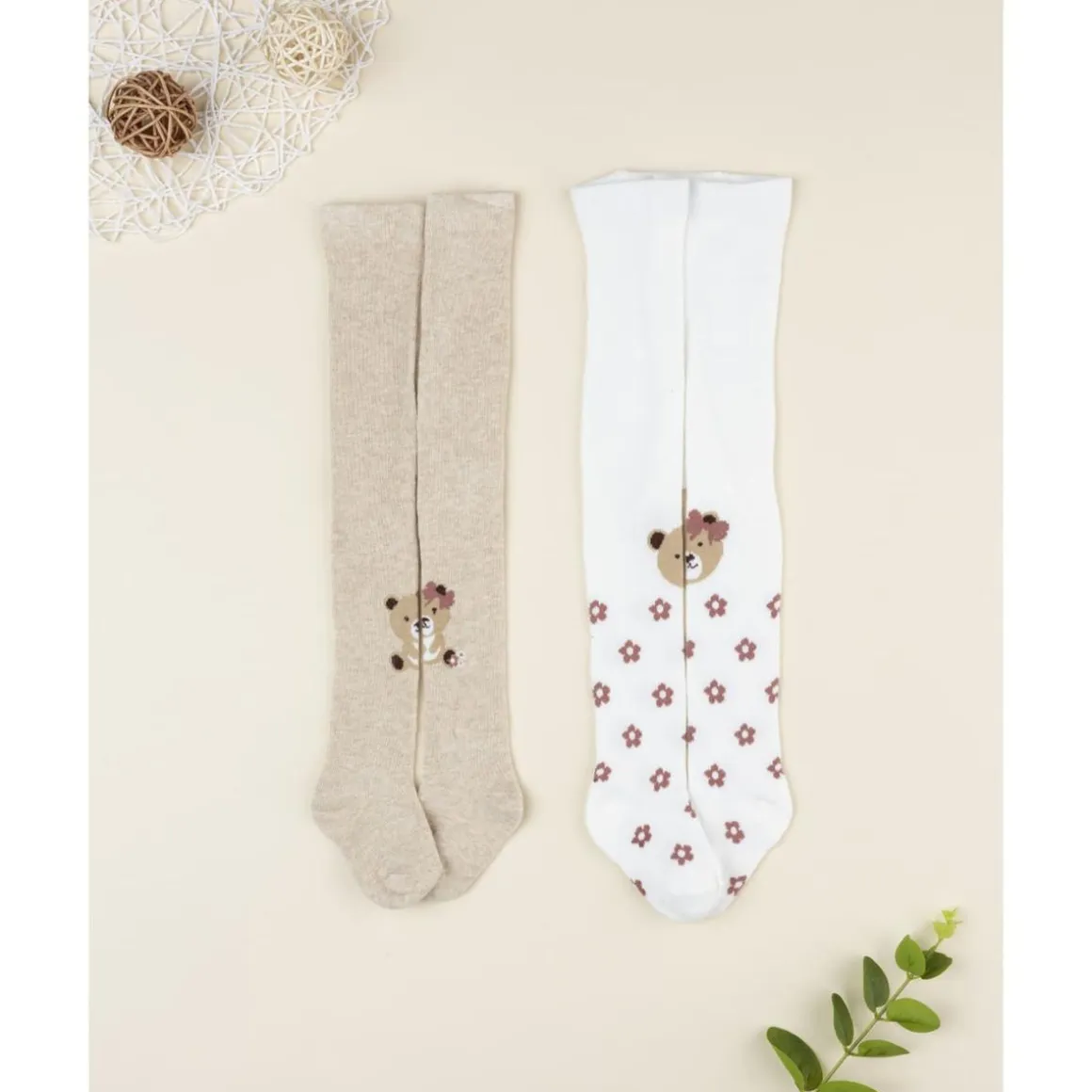 Pack 2 leotardos de niña blanco y beige con ositos