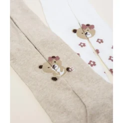 Pack 2 leotardos de niña blanco y beige con ositos