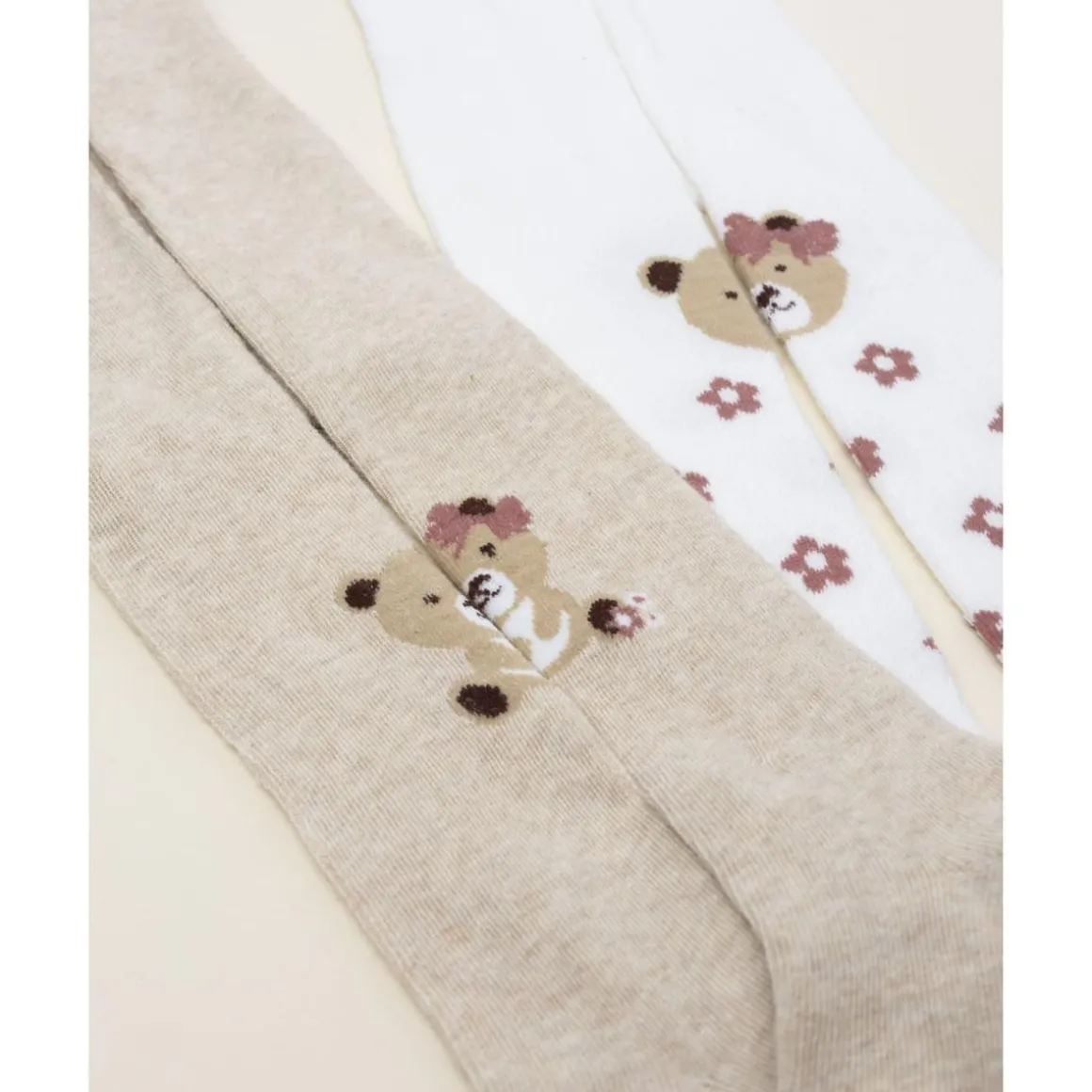 Pack 2 leotardos de niña blanco y beige con ositos