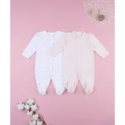 Pack 2 pijamas de bebé rosa y blanco en terciopelo