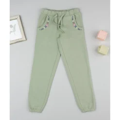 Pantalón niña verde con bordado de flores