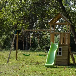 Parque juegos infantil de madera Tibidabo con caseta y columpio doble