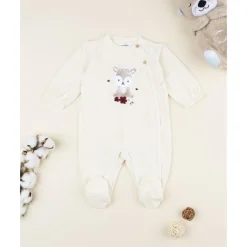 Pelele de terciopelo crema con ciervita para recién nacida