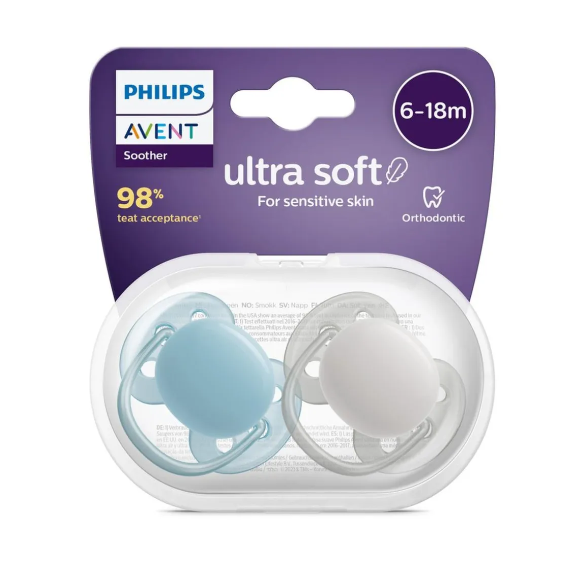 Philips Avent - Chupetes ultra suaves 6-18 meses azul claro y gris (2 unidades)