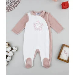 Pijama bicolor de bebé en terciopelo blanco y rosa