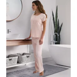 Pijama premamá rosa con encaje y botones para lactancia